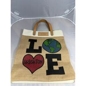 Brighton LOVE Earth Tote Burlap Canvas Bag Leather Handles